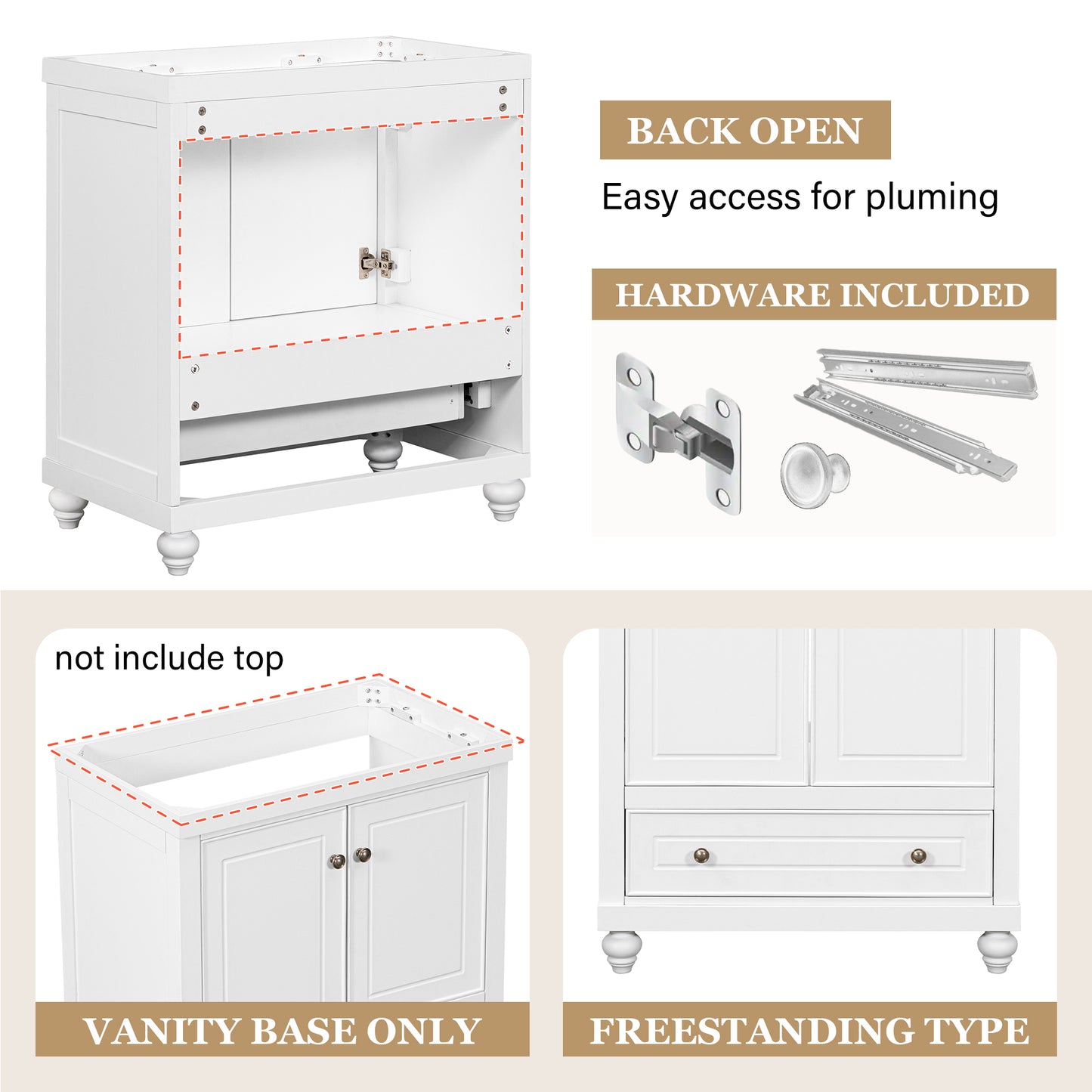 30 Bathroom Vanity Base Only, Cabinet with Doors & Drawer, Solid Frame & MDF Board, White Finish, Modern Storage Solution