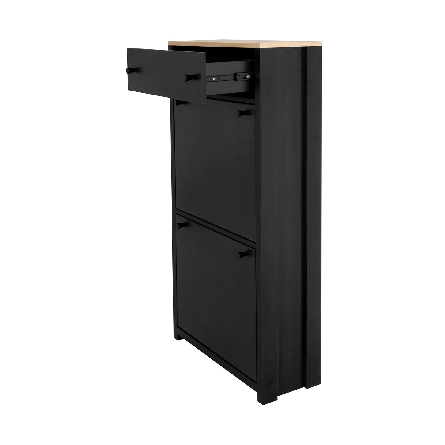 Stylish Entryway Shoe Cabinet with 2 Flip Drawers Adjustable Panel Black Wood Grain Finish