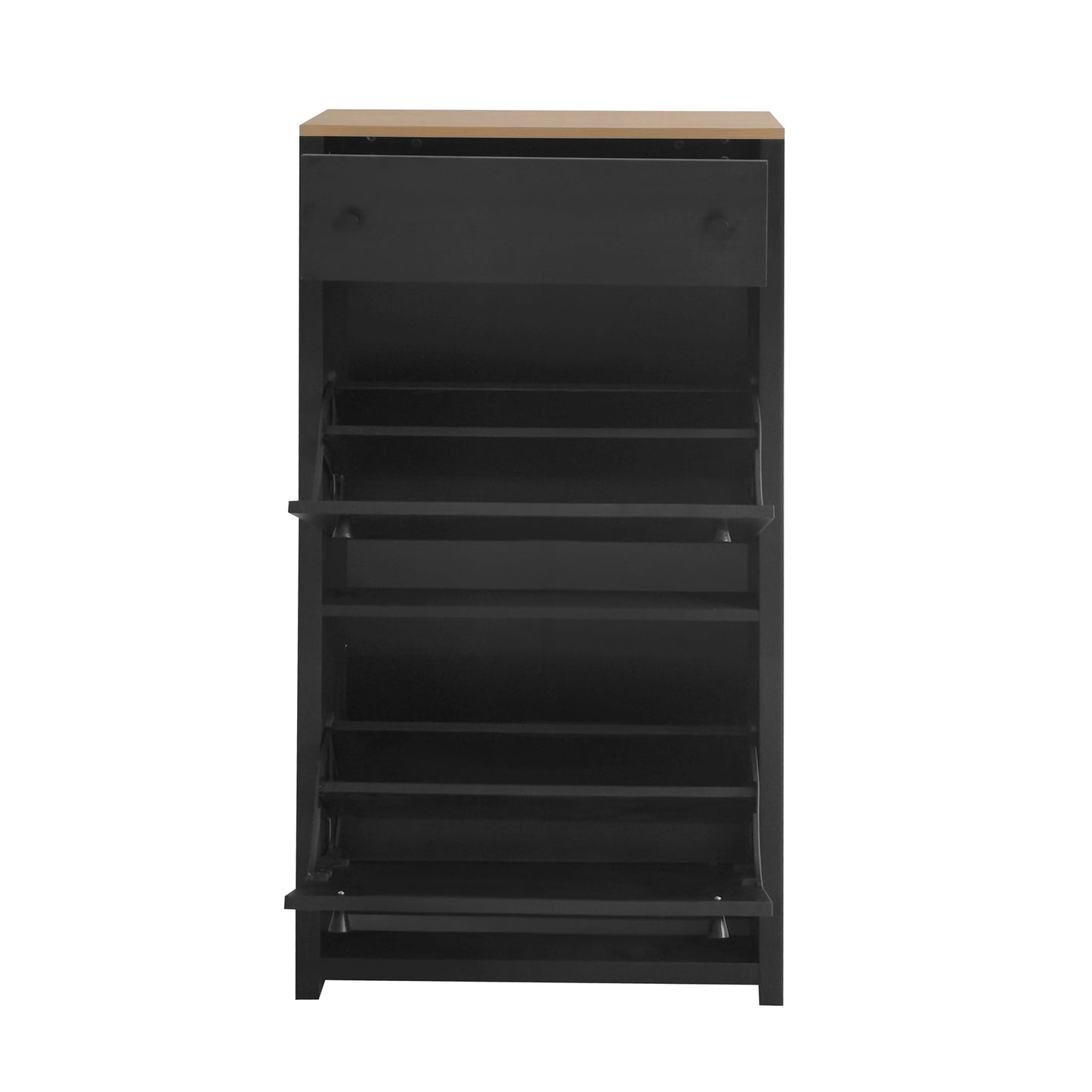Stylish Entryway Shoe Cabinet with 2 Flip Drawers Adjustable Panel Black Wood Grain Finish