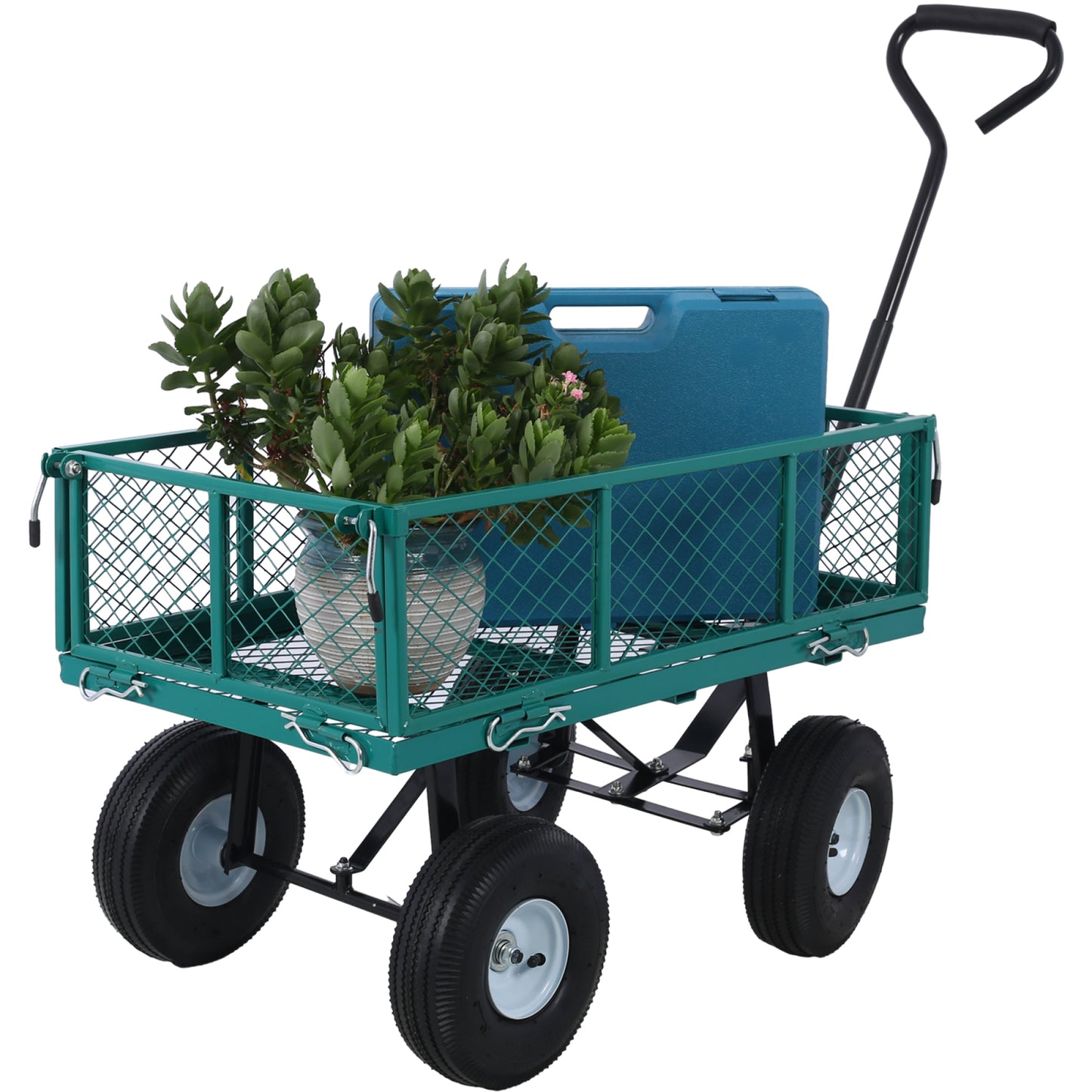 Steel Garden Cart with Removable Steel Mesh Sides, 3 cu ft Capacity, 550 lb Load, Ideal for Yard Work, Gardening, and Landscaping, Green