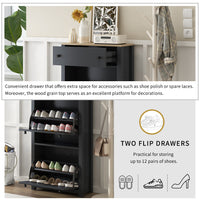 Stylish Entryway Shoe Cabinet with 2 Flip Drawers Adjustable Panel Black Wood Grain Finish