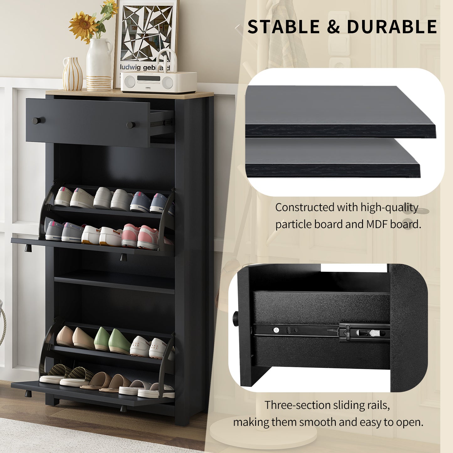 Stylish Entryway Shoe Cabinet with 2 Flip Drawers Adjustable Panel Black Wood Grain Finish