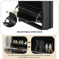 Stylish Entryway Shoe Cabinet with 2 Flip Drawers Adjustable Panel Black Wood Grain Finish