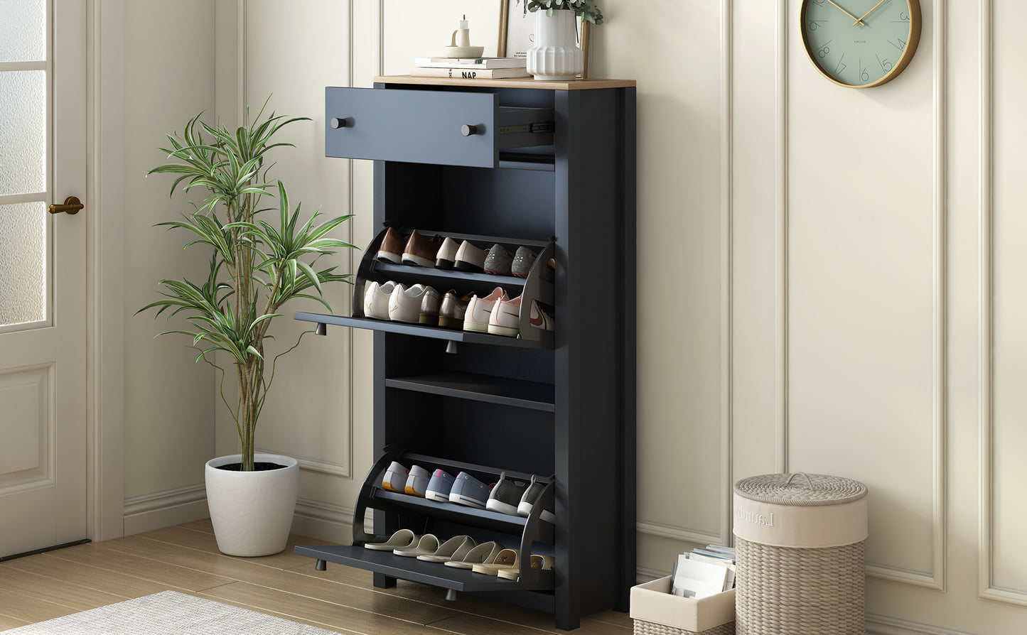 Stylish Entryway Shoe Cabinet with 2 Flip Drawers Adjustable Panel Black Wood Grain Finish