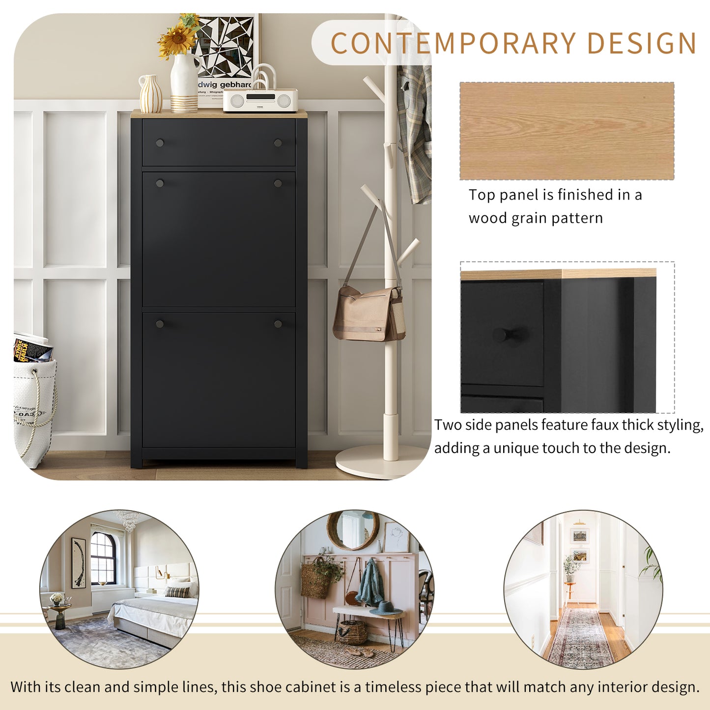 Stylish Entryway Shoe Cabinet with 2 Flip Drawers Adjustable Panel Black Wood Grain Finish