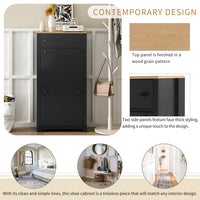 Stylish Entryway Shoe Cabinet with 2 Flip Drawers Adjustable Panel Black Wood Grain Finish