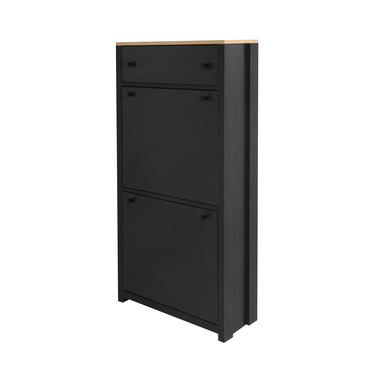 Stylish Entryway Shoe Cabinet with 2 Flip Drawers Adjustable Panel Black Wood Grain Finish