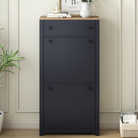 Stylish Entryway Shoe Cabinet with 2 Flip Drawers Adjustable Panel Black Wood Grain Finish
