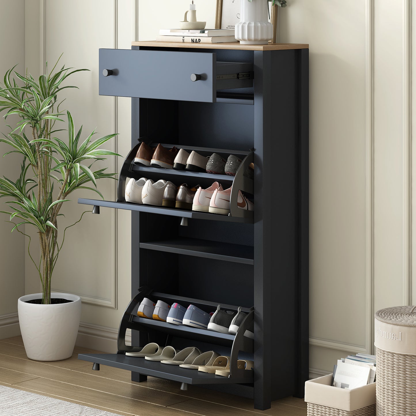 Stylish Entryway Shoe Cabinet with 2 Flip Drawers Adjustable Panel Black Wood Grain Finish