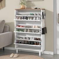 Narrow Tipping Bucket Shoe Cabinet with 3 Flip Drawers and Hooks White Wood Grain Entryway Organizer
