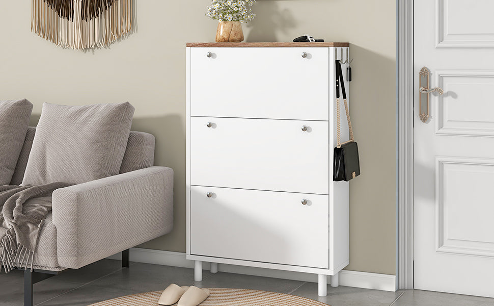 Narrow Tipping Bucket Shoe Cabinet with 3 Flip Drawers and Hooks White Wood Grain Entryway Organizer