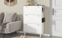 Narrow Tipping Bucket Shoe Cabinet with 3 Flip Drawers and Hooks White Wood Grain Entryway Organizer