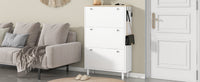 Narrow Tipping Bucket Shoe Cabinet with 3 Flip Drawers and Hooks White Wood Grain Entryway Organizer