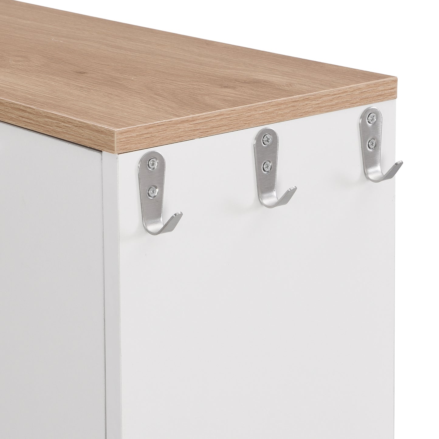 Narrow Tipping Bucket Shoe Cabinet with 3 Flip Drawers and Hooks White Wood Grain Entryway Organizer