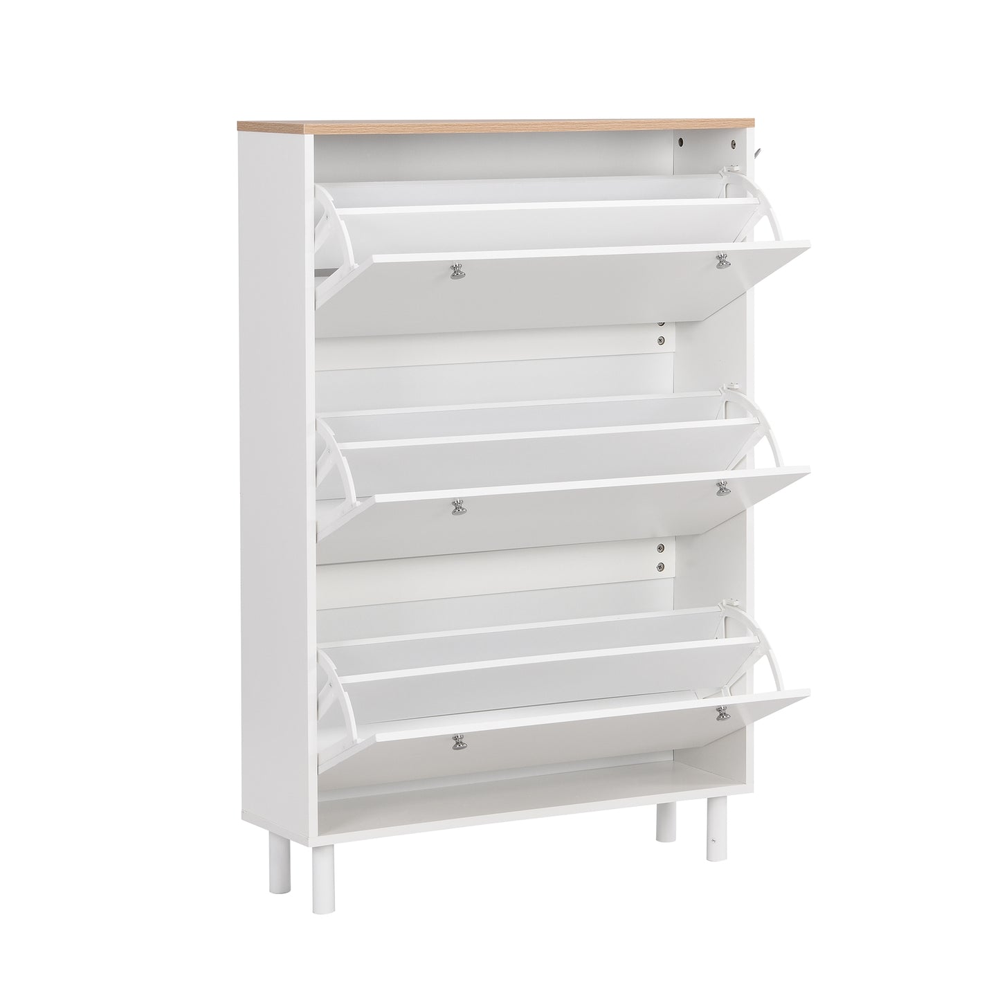 Narrow Tipping Bucket Shoe Cabinet with 3 Flip Drawers and Hooks White Wood Grain Entryway Organizer
