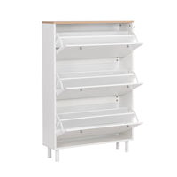 Narrow Tipping Bucket Shoe Cabinet with 3 Flip Drawers and Hooks White Wood Grain Entryway Organizer
