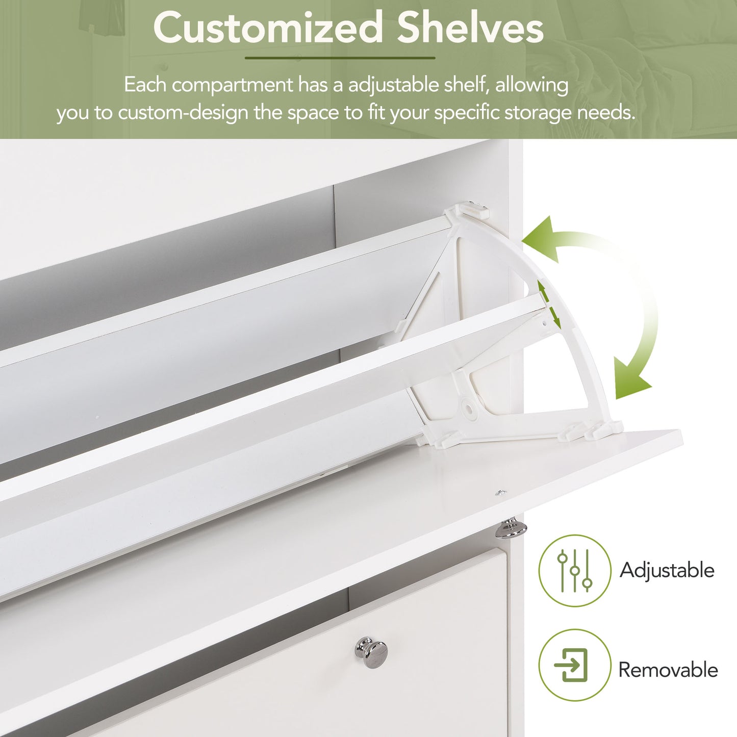 Narrow Tipping Bucket Shoe Cabinet with 3 Flip Drawers and Hooks White Wood Grain Entryway Organizer