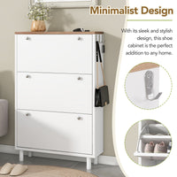 Narrow Tipping Bucket Shoe Cabinet with 3 Flip Drawers and Hooks White Wood Grain Entryway Organizer