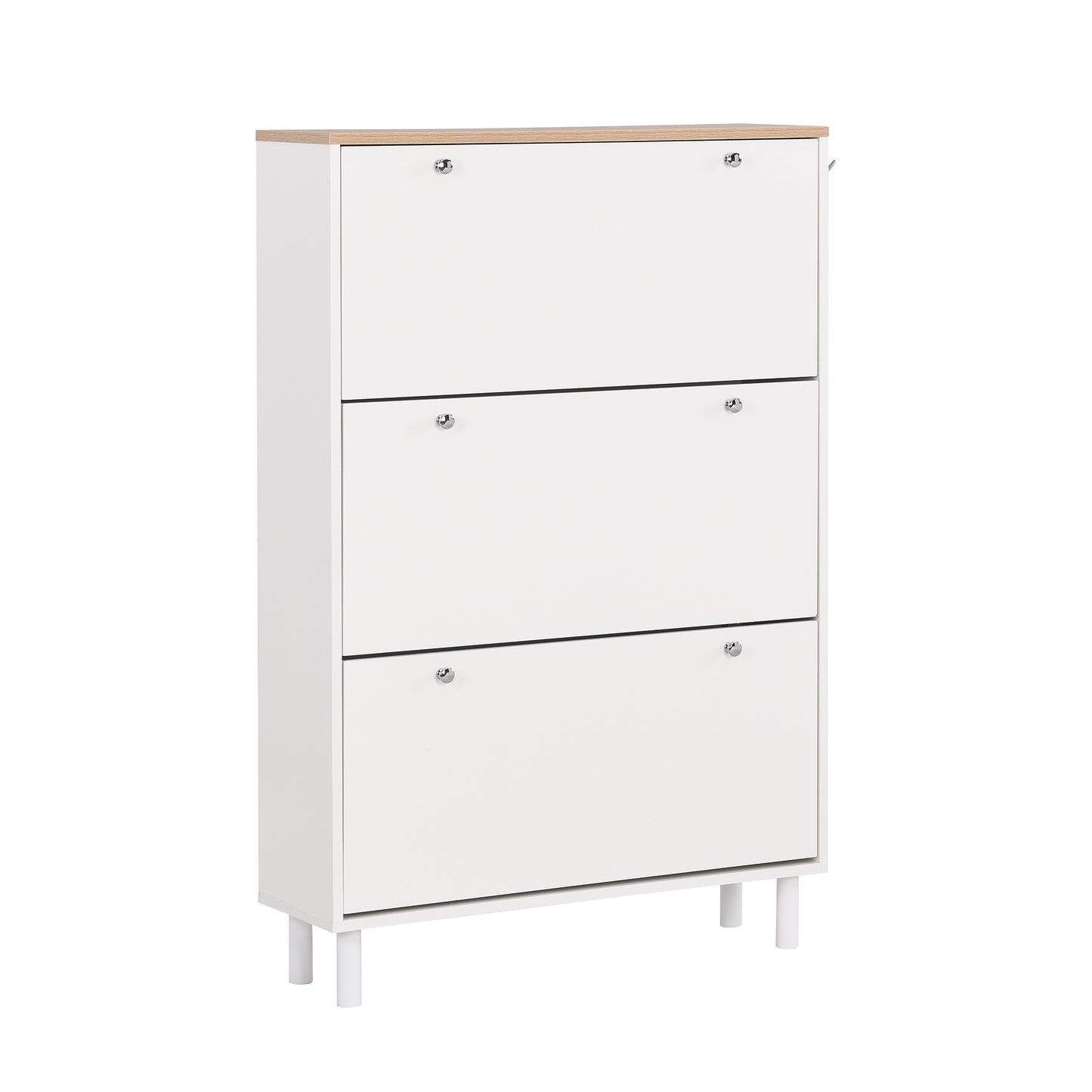 Narrow Tipping Bucket Shoe Cabinet with 3 Flip Drawers and Hooks White Wood Grain Entryway Organizer