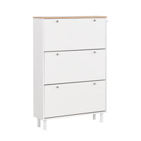 Narrow Tipping Bucket Shoe Cabinet with 3 Flip Drawers and Hooks White Wood Grain Entryway Organizer