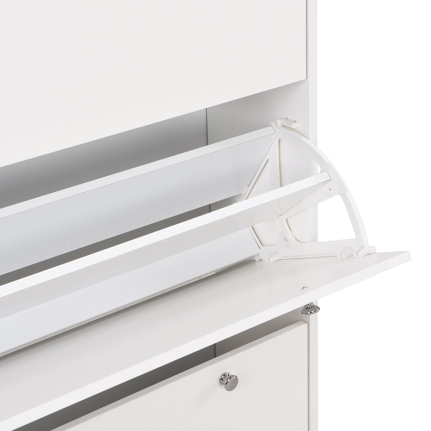 Narrow Tipping Bucket Shoe Cabinet with 3 Flip Drawers and Hooks White Wood Grain Entryway Organizer