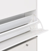 Narrow Tipping Bucket Shoe Cabinet with 3 Flip Drawers and Hooks White Wood Grain Entryway Organizer