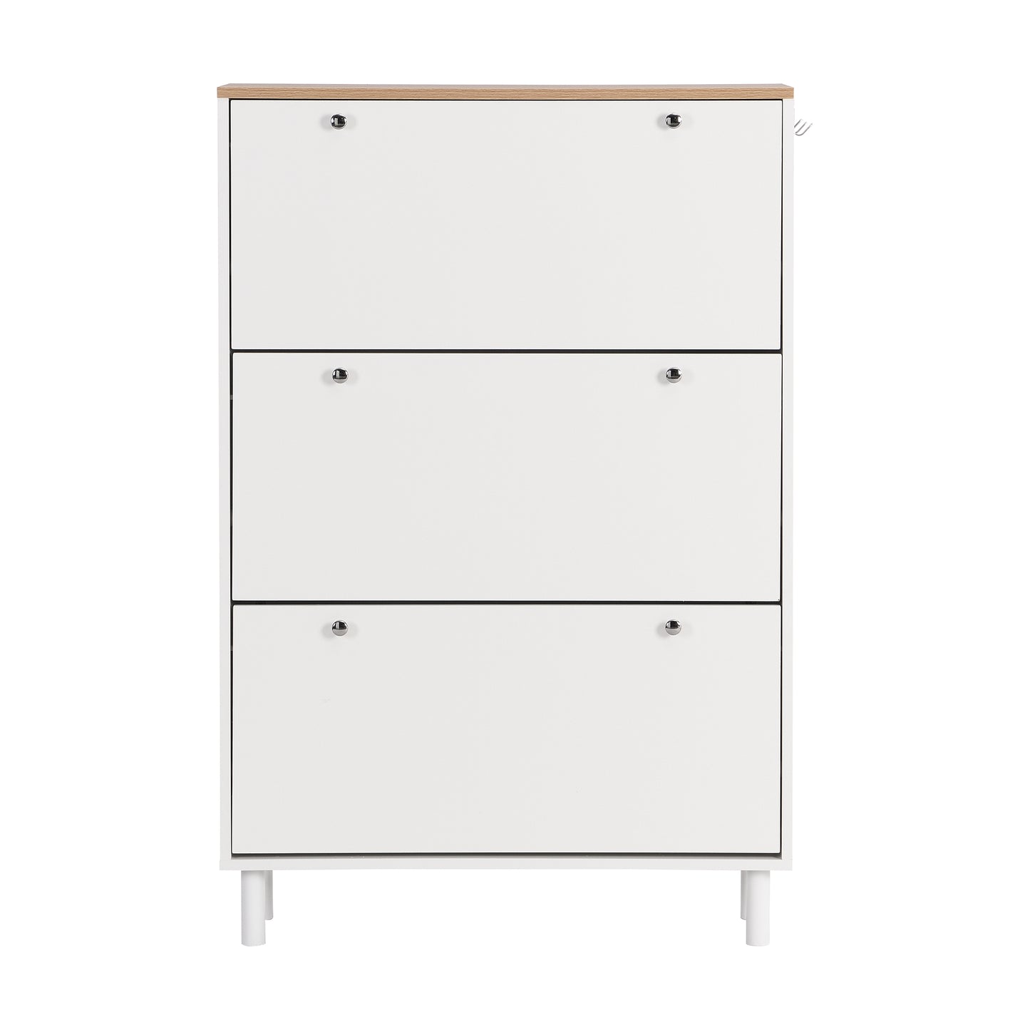 Narrow Tipping Bucket Shoe Cabinet with 3 Flip Drawers and Hooks White Wood Grain Entryway Organizer