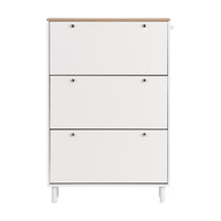 Narrow Tipping Bucket Shoe Cabinet with 3 Flip Drawers and Hooks White Wood Grain Entryway Organizer