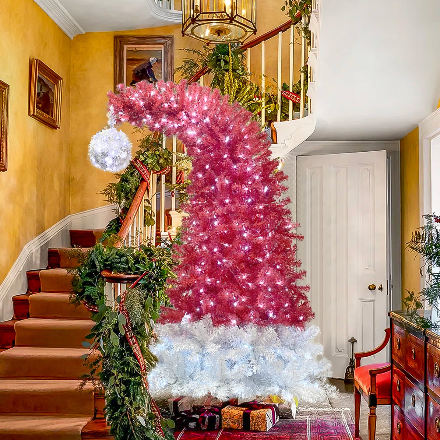 6FT Hinged Artificial Christmas Tree - Bendable Santa Hat Style, 1250 Lush Branch Tips, 300 LED Lights, Holiday Decor for Xmas Celebrations