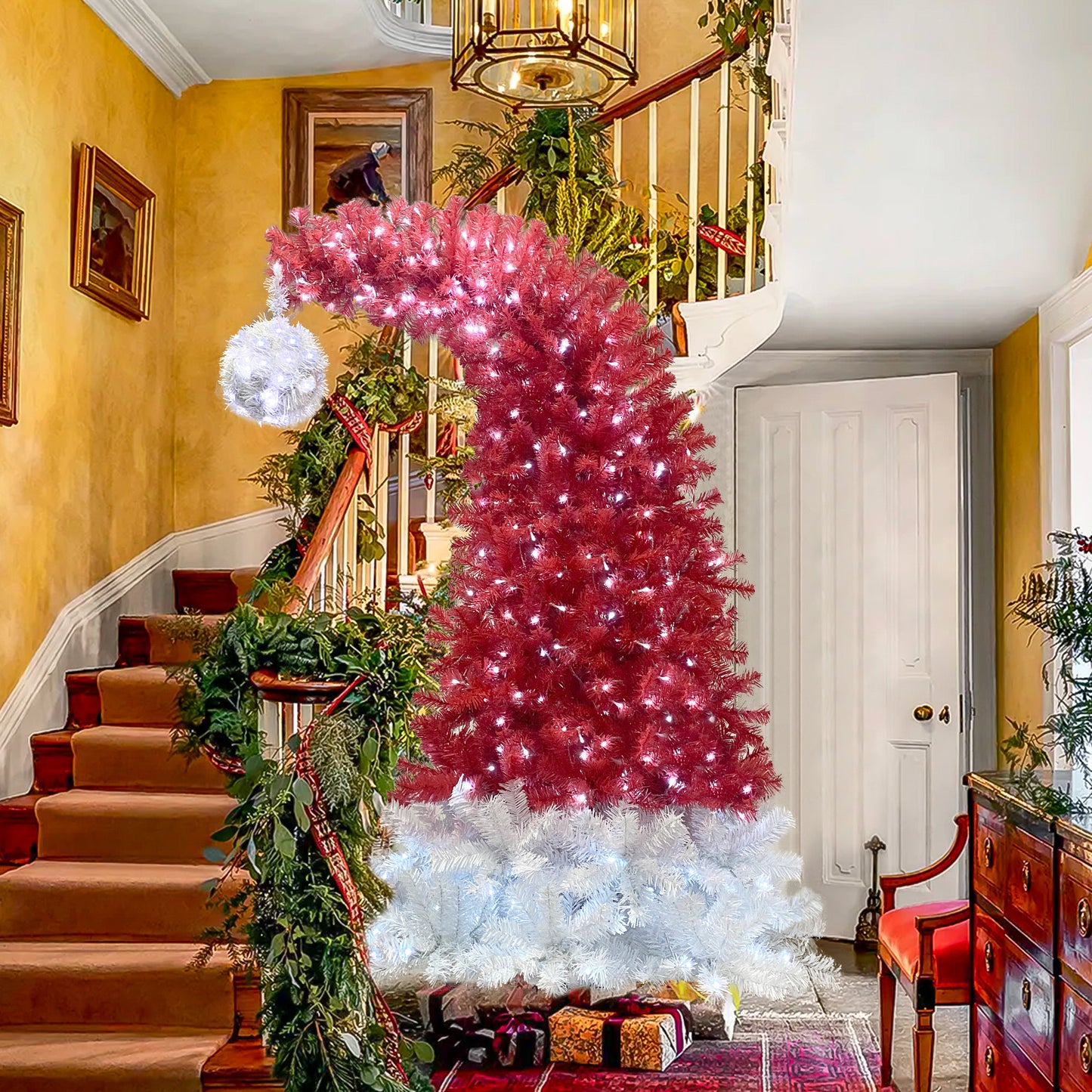6FT Hinged Artificial Christmas Tree - Bendable Santa Hat Style, 1250 Lush Branch Tips, 300 LED Lights, Holiday Decor for Xmas Celebrations