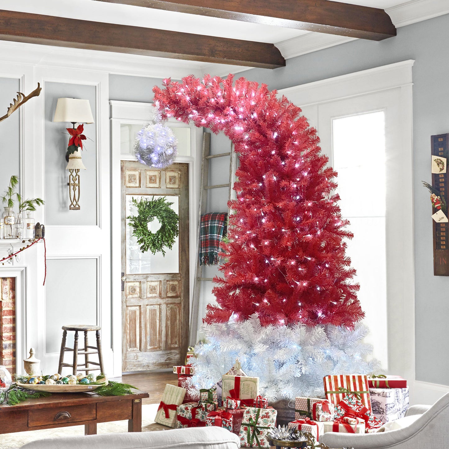 6FT Hinged Artificial Christmas Tree - Bendable Santa Hat Style, 1250 Lush Branch Tips, 300 LED Lights, Holiday Decor for Xmas Celebrations