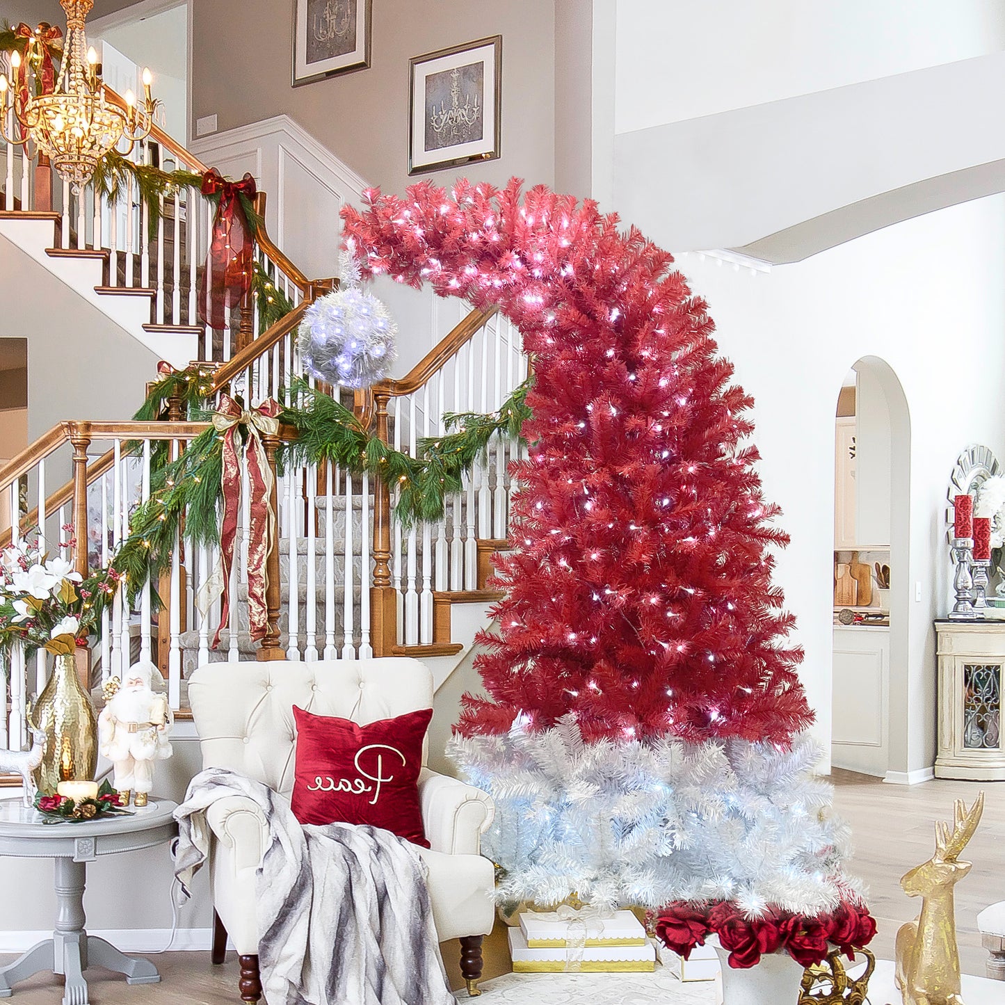 6FT Hinged Artificial Christmas Tree - Bendable Santa Hat Style, 1250 Lush Branch Tips, 300 LED Lights, Holiday Decor for Xmas Celebrations