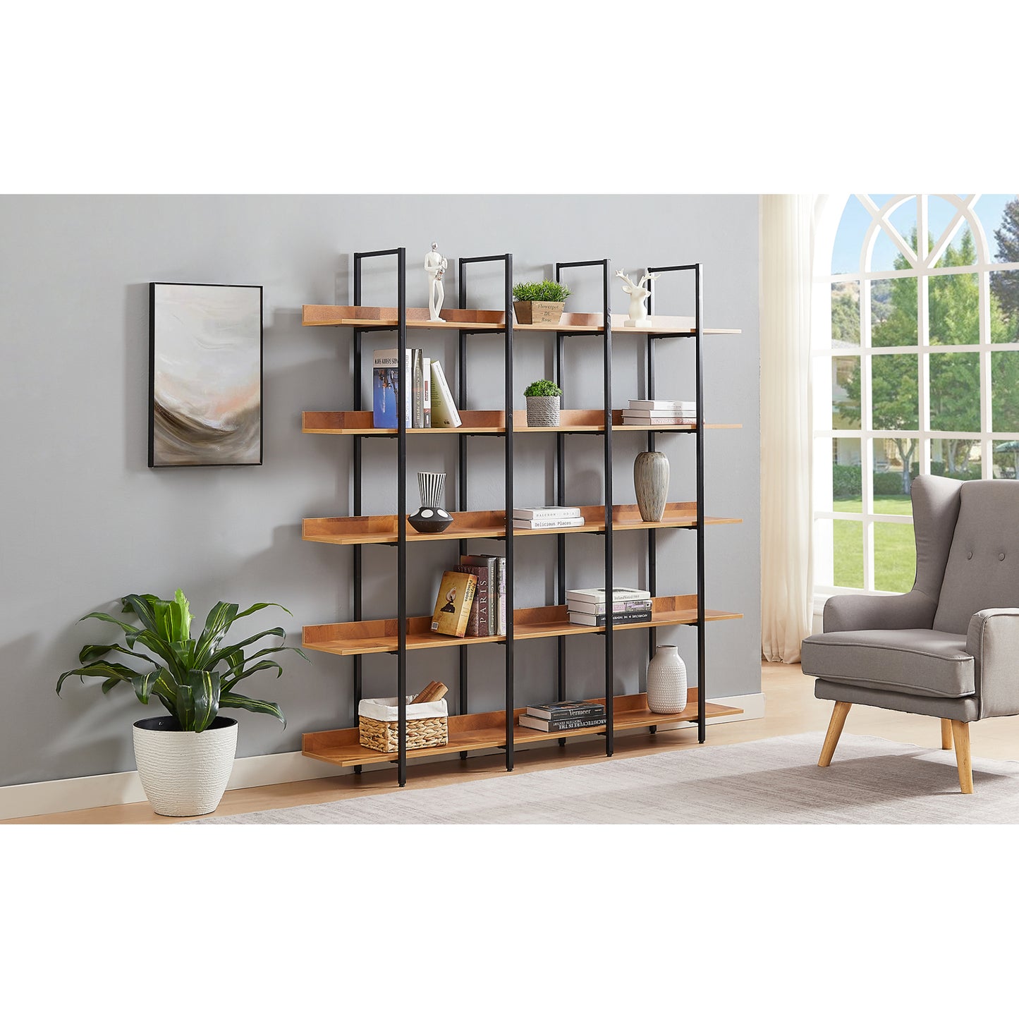 5-Tier Bookcase for Home Office, Vintage Industrial Open Bookshelf, Sturdy MDF Board & Black Metal Frame, Rustic Brown Finish