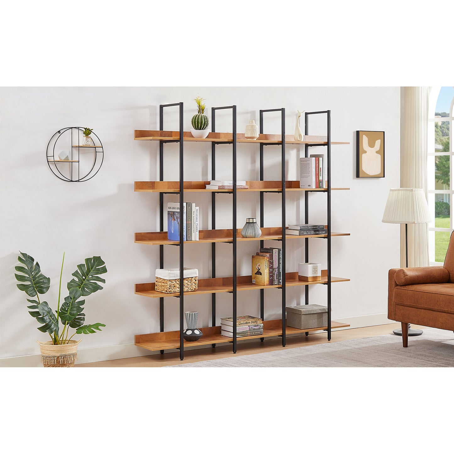 5-Tier Bookcase for Home Office, Vintage Industrial Open Bookshelf, Sturdy MDF Board & Black Metal Frame, Rustic Brown Finish