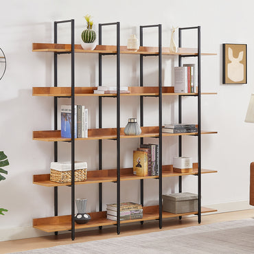 5-Tier Bookcase for Home Office, Vintage Industrial Open Bookshelf, Sturdy MDF Board & Black Metal Frame, Rustic Brown Finish