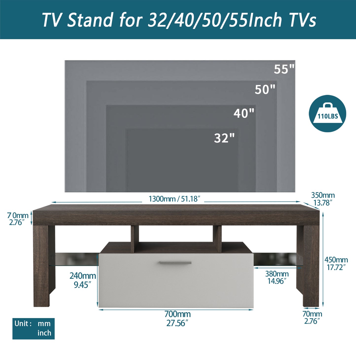 Modern TV Stand with Toughened Glass Shelf and LED Color Changing Lights for Living Room Brown and White Floor Cabinet