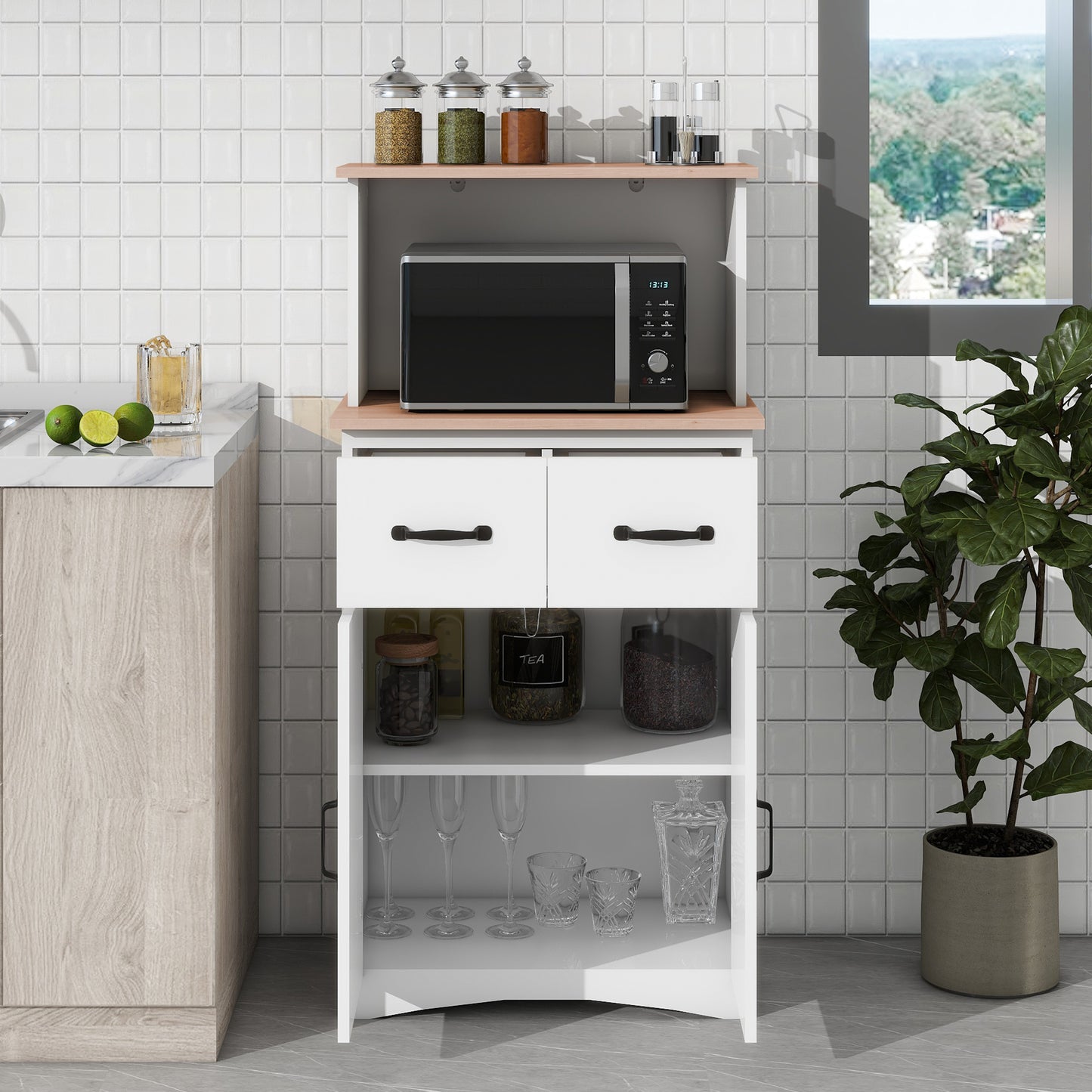 White Wooden Kitchen Cabinet - Pantry Storage Unit with Microwave Shelf and Storage Drawer for Kitchen Organization