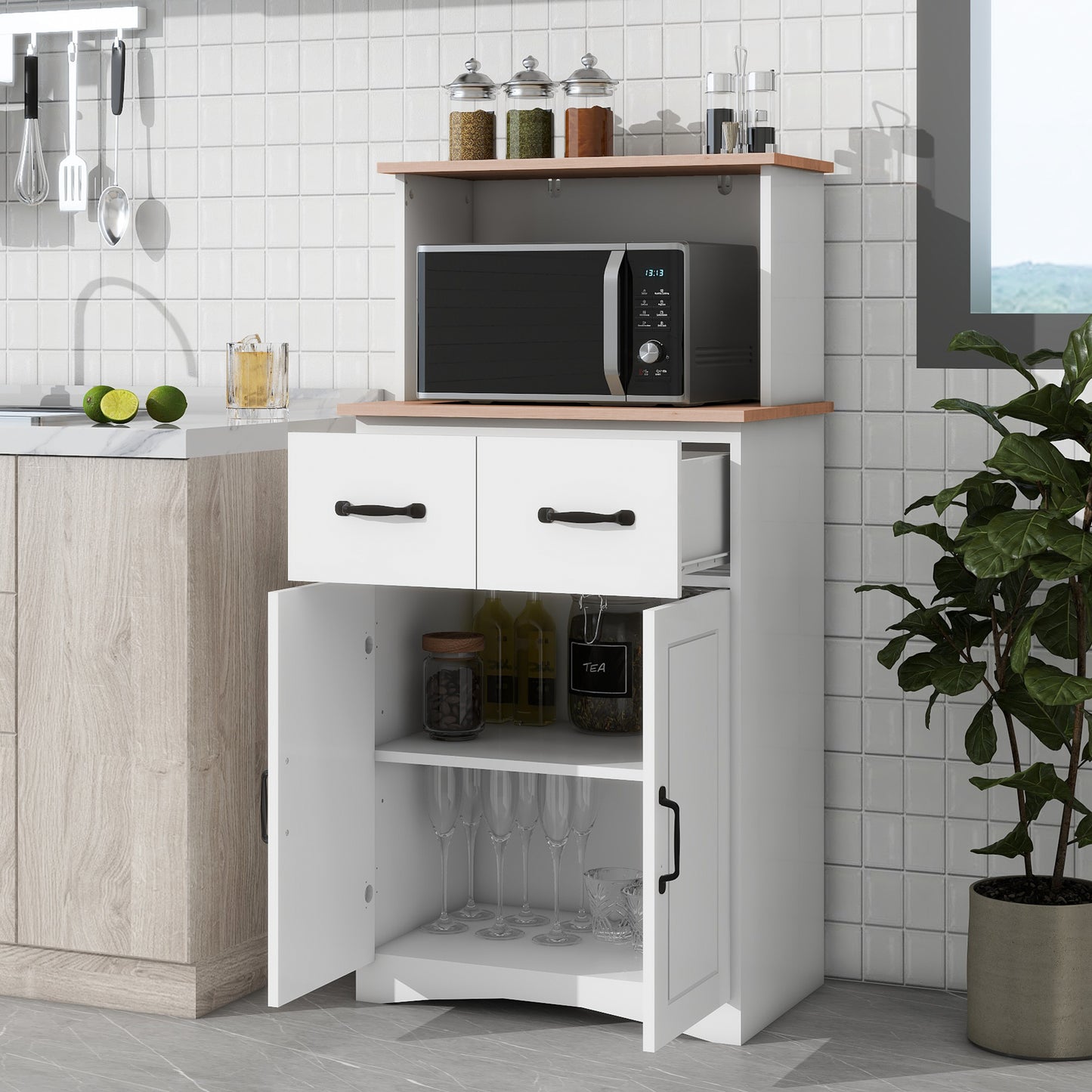 White Wooden Kitchen Cabinet - Pantry Storage Unit with Microwave Shelf and Storage Drawer for Kitchen Organization