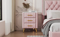 Pink Upholstered Wooden Nightstand with 3 Drawers and Metal Legs Fully Assembled Bedside Table with Marbled Top