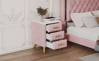 Pink Upholstered Wooden Nightstand with 3 Drawers and Metal Legs Fully Assembled Bedside Table with Marbled Top