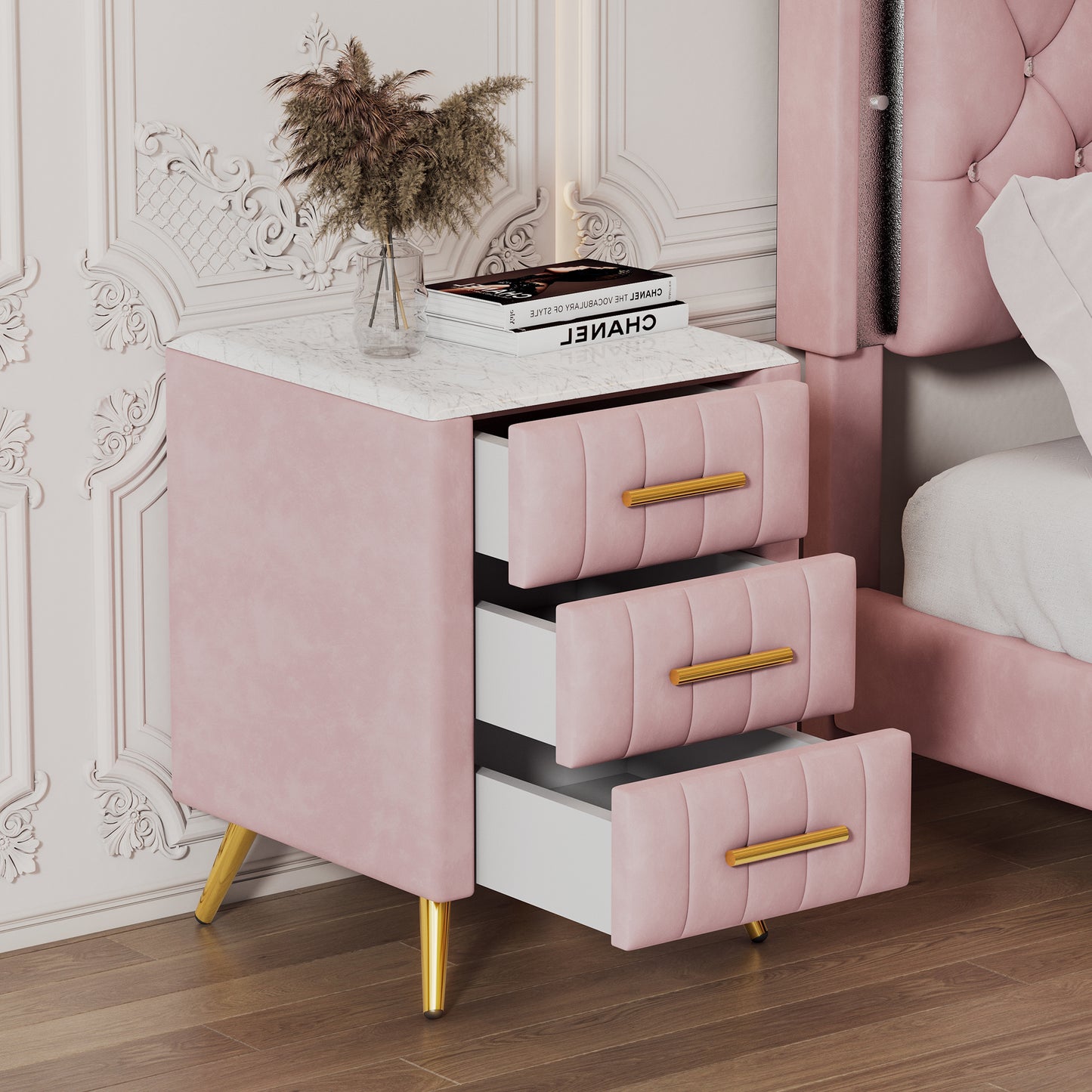 Pink Upholstered Wooden Nightstand with 3 Drawers and Metal Legs Fully Assembled Bedside Table with Marbled Top