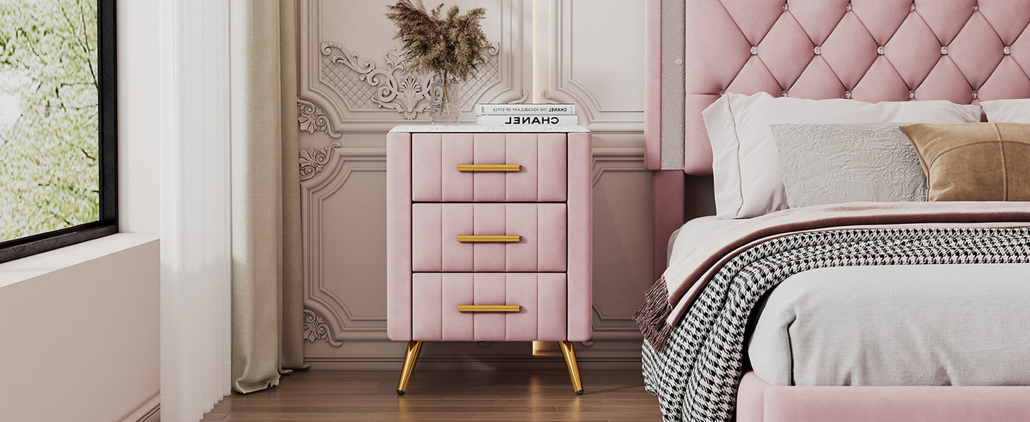 Pink Upholstered Wooden Nightstand with 3 Drawers and Metal Legs Fully Assembled Bedside Table with Marbled Top