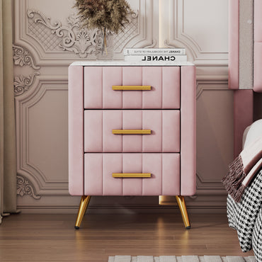 Pink Upholstered Wooden Nightstand with 3 Drawers and Metal Legs Fully Assembled Bedside Table with Marbled Top