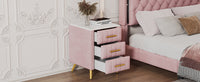 Pink Upholstered Wooden Nightstand with 3 Drawers and Metal Legs Fully Assembled Bedside Table with Marbled Top