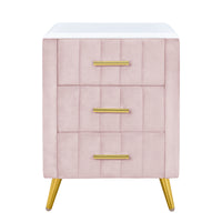 Pink Upholstered Wooden Nightstand with 3 Drawers and Metal Legs Fully Assembled Bedside Table with Marbled Top