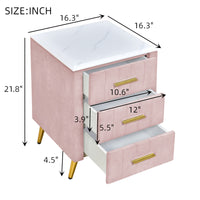 Pink Upholstered Wooden Nightstand with 3 Drawers and Metal Legs Fully Assembled Bedside Table with Marbled Top