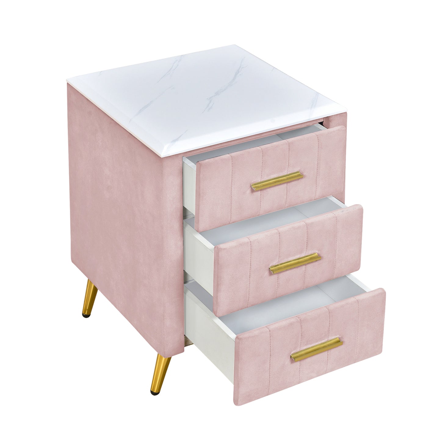 Pink Upholstered Wooden Nightstand with 3 Drawers and Metal Legs Fully Assembled Bedside Table with Marbled Top