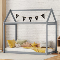 Cozy Twin Size Wooden House Bed In Stylish Gray Finish For Kids' Rooms