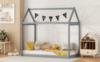 Cozy Twin Size Wooden House Bed In Stylish Gray Finish For Kids' Rooms