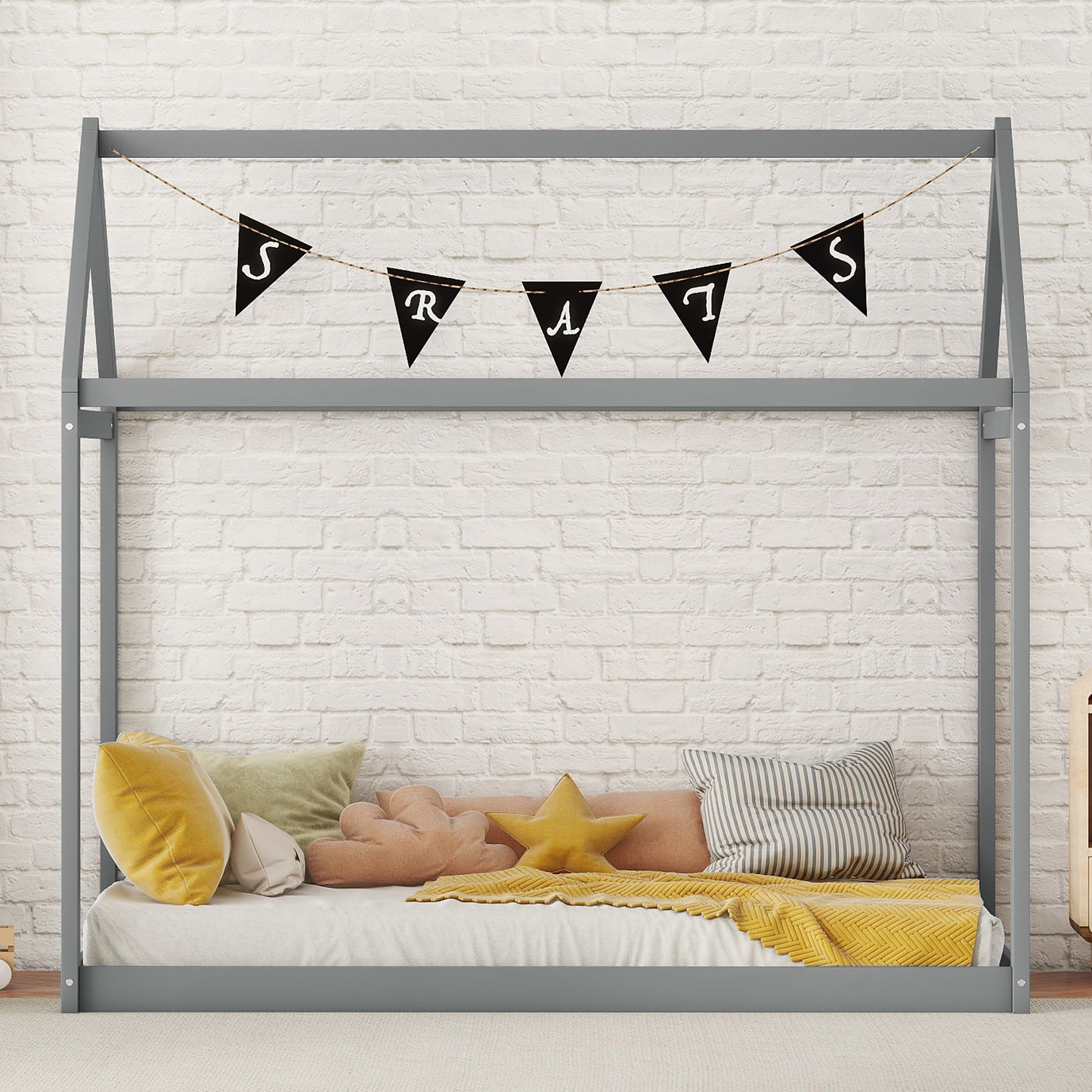 Cozy Twin Size Wooden House Bed In Stylish Gray Finish For Kids' Rooms